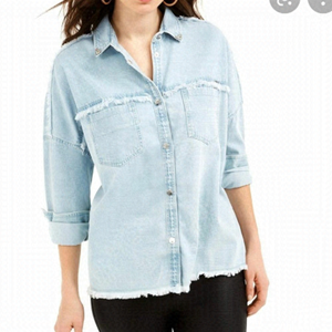 Guess Parisian Raw Cut Womens Embellished Light Wash Denim Shirt